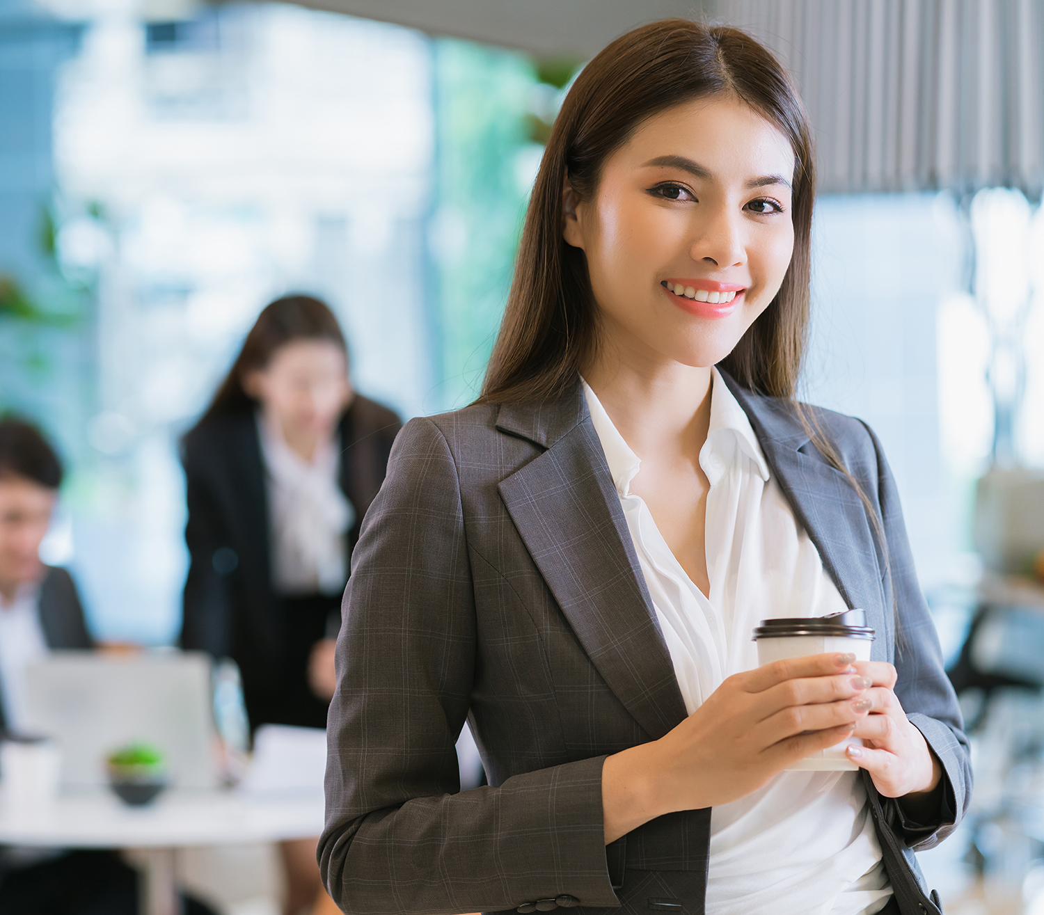 close up smart attractive asian business female smile hand hold