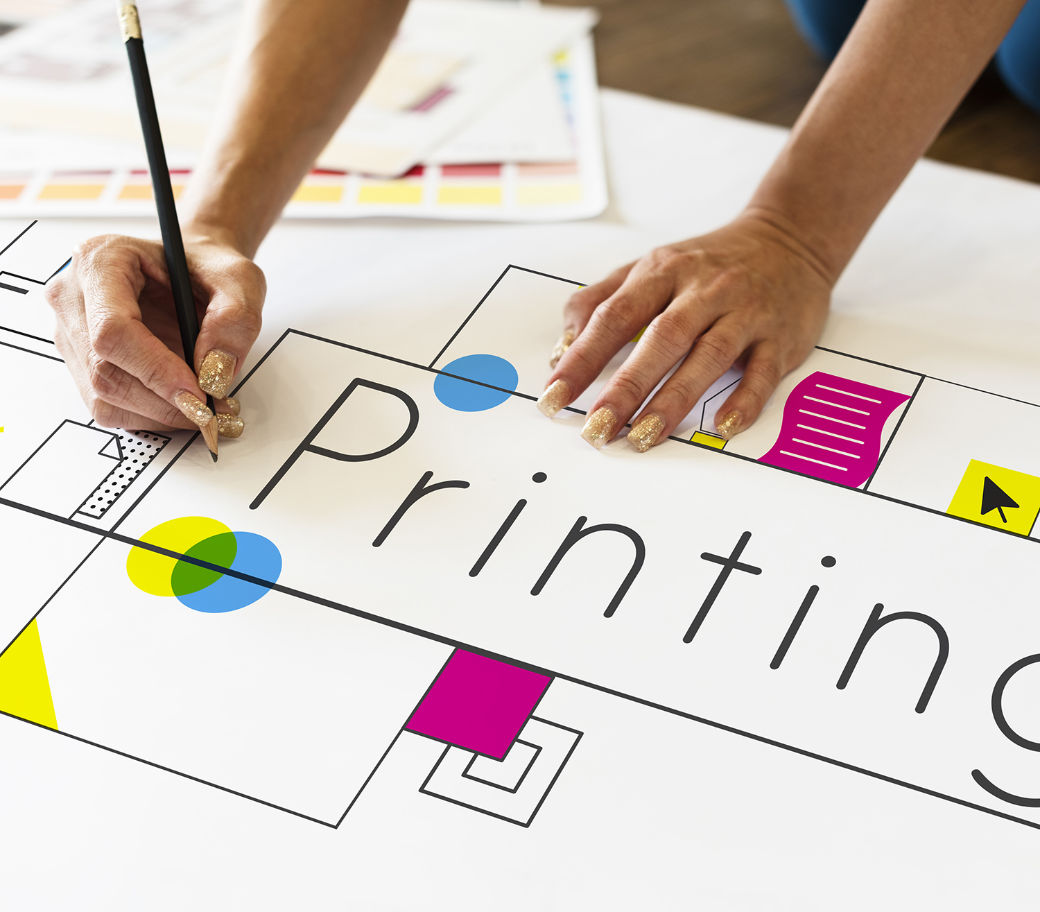 Hands working on network graphic overlay banner on desk